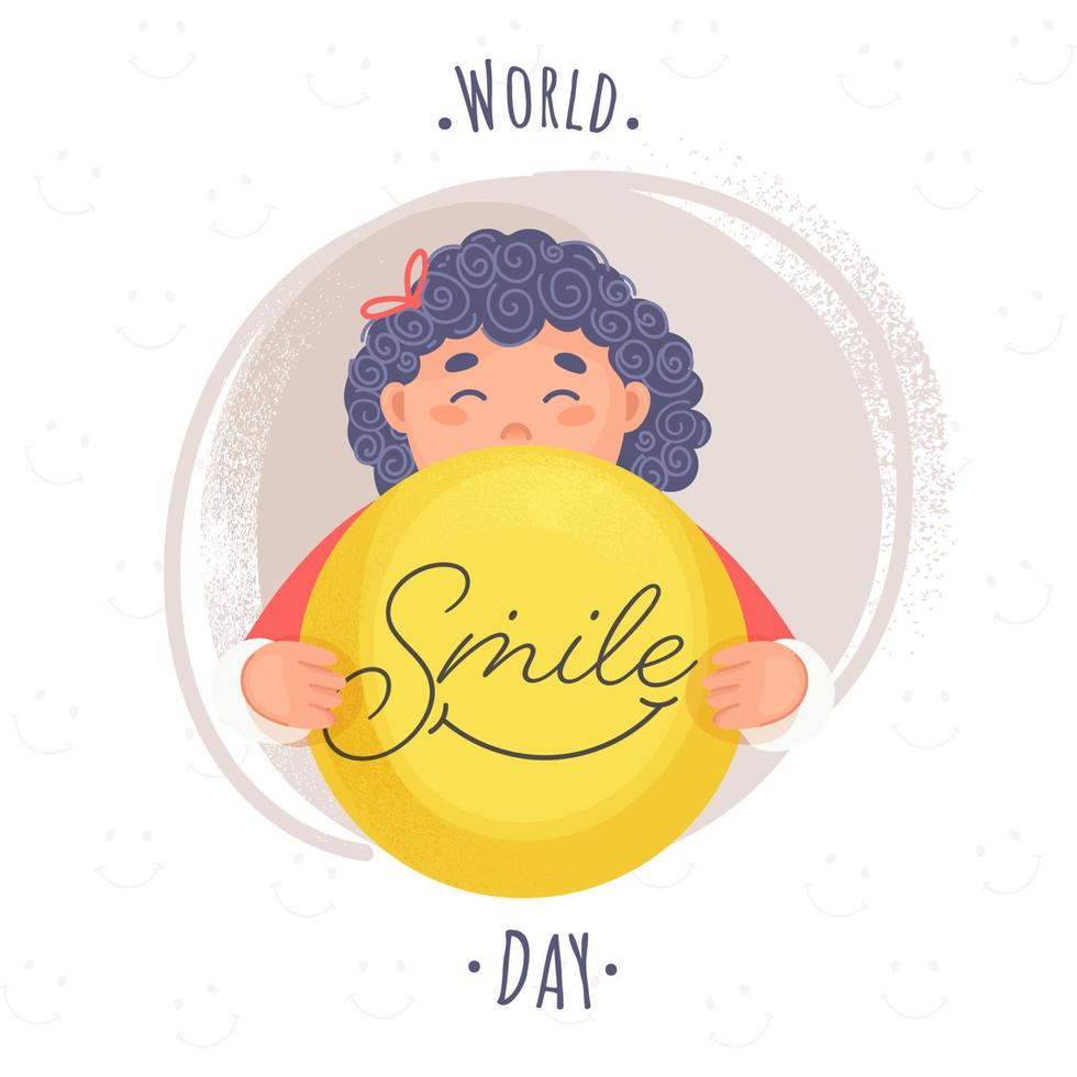 World Smile Day Text with Cartoon Girl Holding a Smiley Face and Brown Noise Brush Effect on White Background. vector
