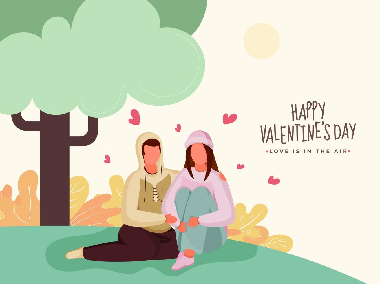 Faceless Loving Couple Character Sitting Under Tree for Happy Valentine's Day, Love is in the air concept. vector