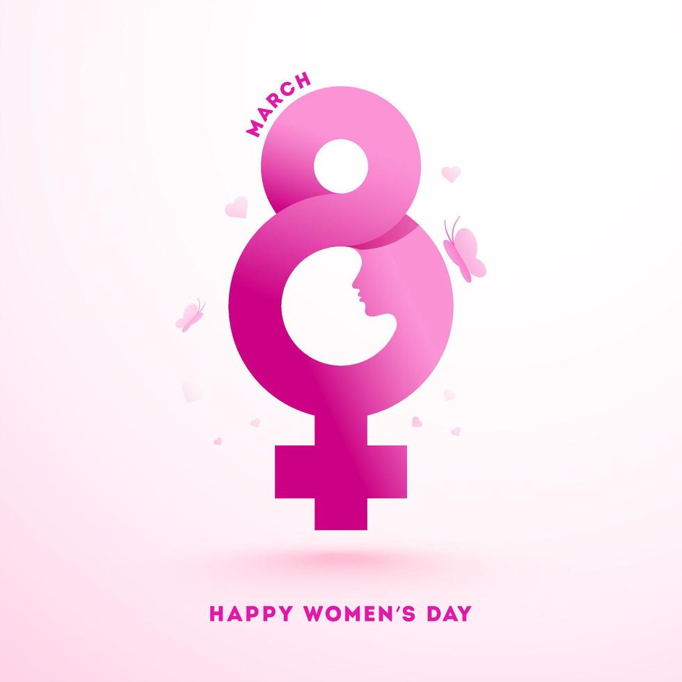 Pink Paper Cut Style 8 Number with Female Gender Sign and Butterflies on White Background for Happy Women's Day. vector