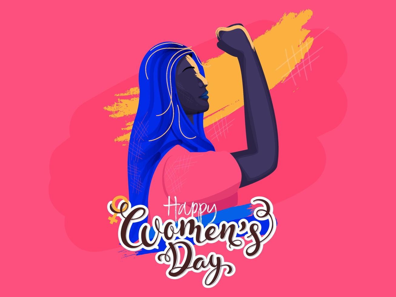 Sticker Style Happy Women's Day Font with Strong Young Girl and Brush Stroke Effect on Pink Background. vector