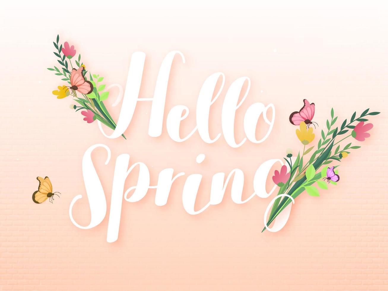 Hello Spring Font with Floral Bunch and Butterflies on Light Peach Brick Wall Background. vector