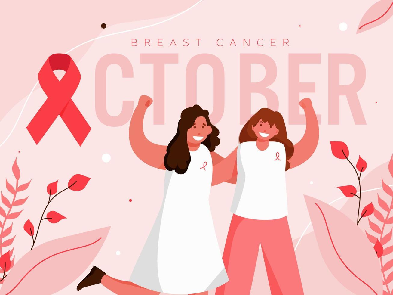 Breast Cancer October Text with Red Ribbon and Cheerful Fighter Young Girls on Pastel Pink Background. vector