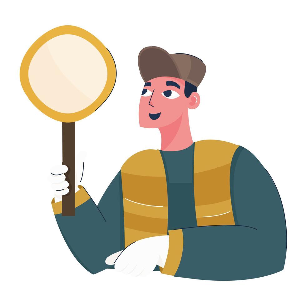 Cartoon man holding magnifying glass on white background. vector
