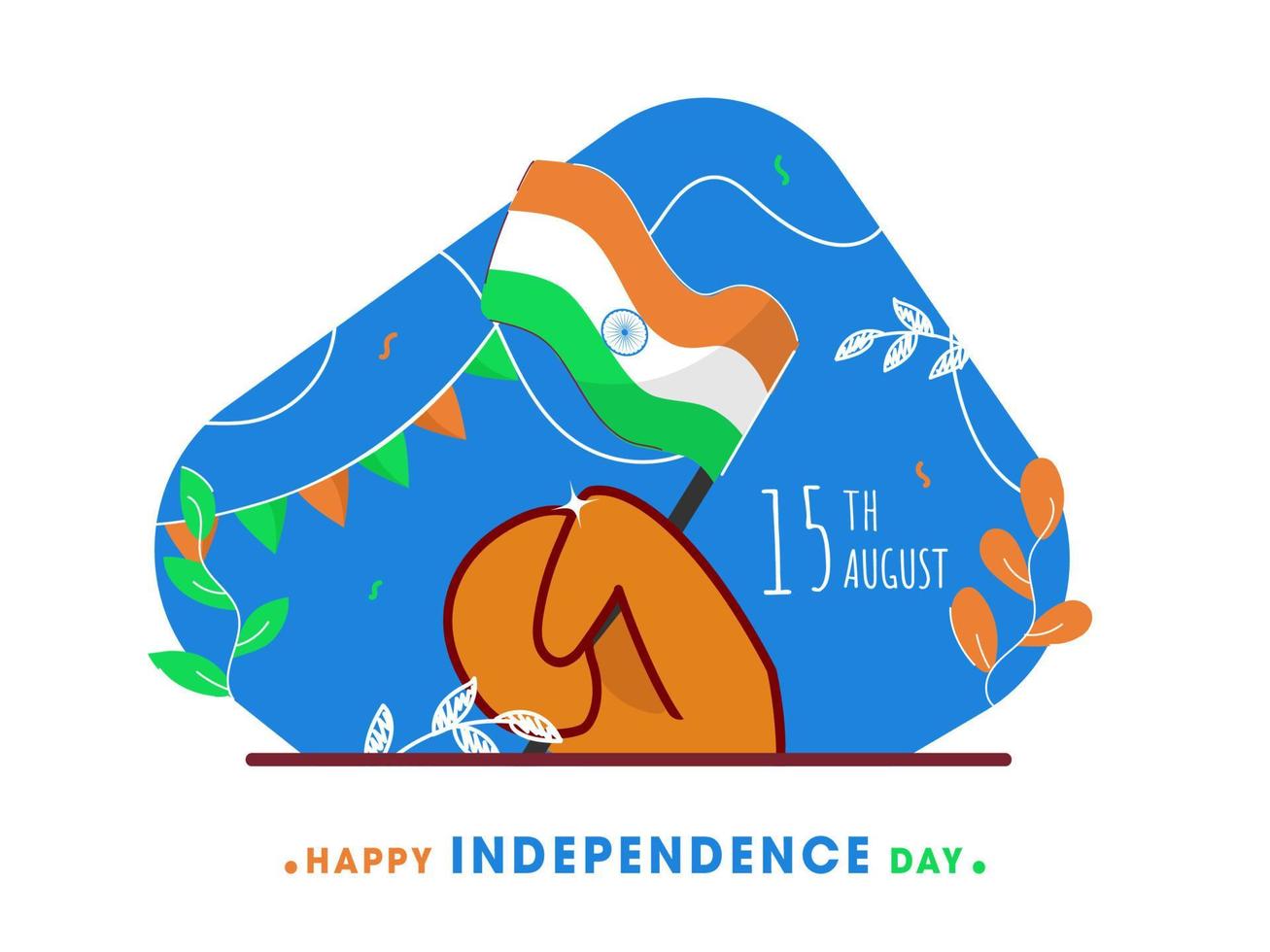 Happy Independence Day Concept with Human Hand holding India Flag and Leaves on Abstract Background. vector