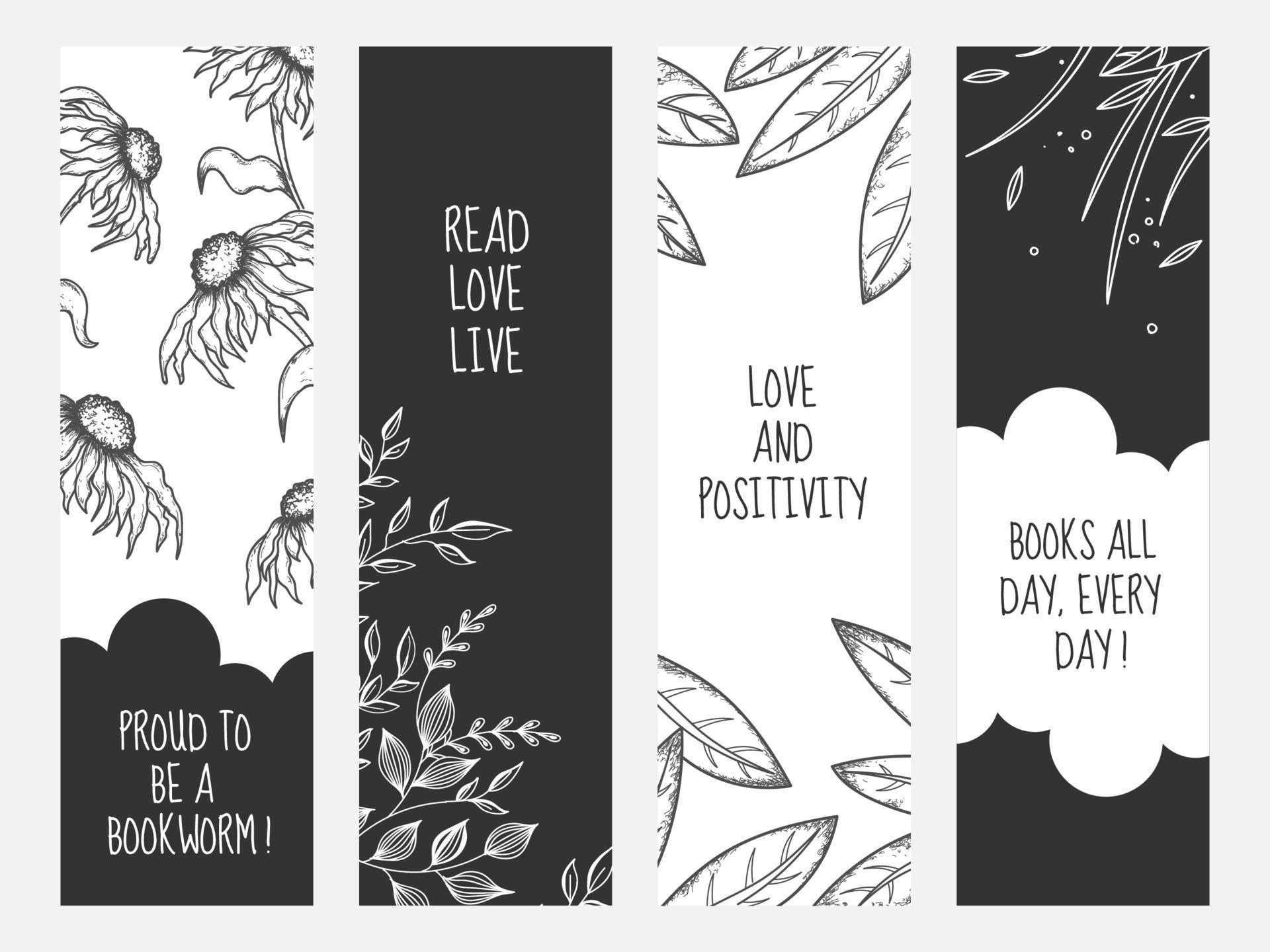 Black and White Bookmarks Set with Flowers and Leaves in Doodle Style