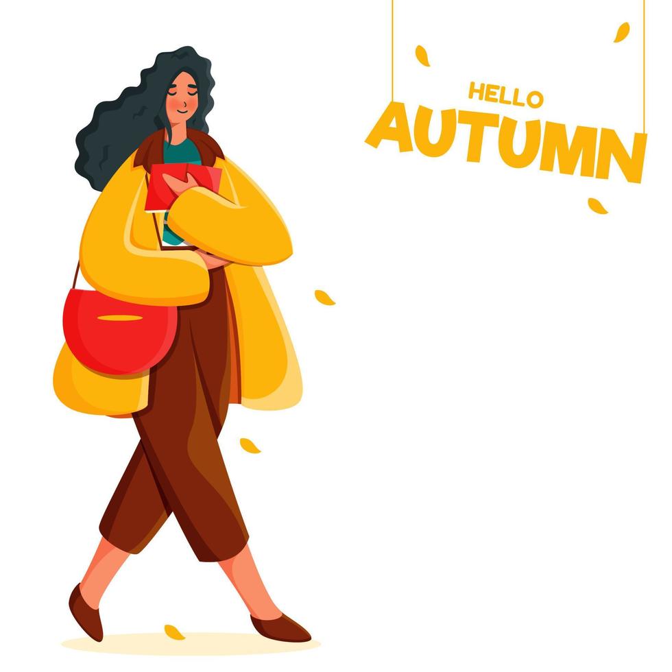joven niña leyendo un libro con bolso en caminar actitud y hojas otoño en blanco antecedentes para Hola otoño estación. vector