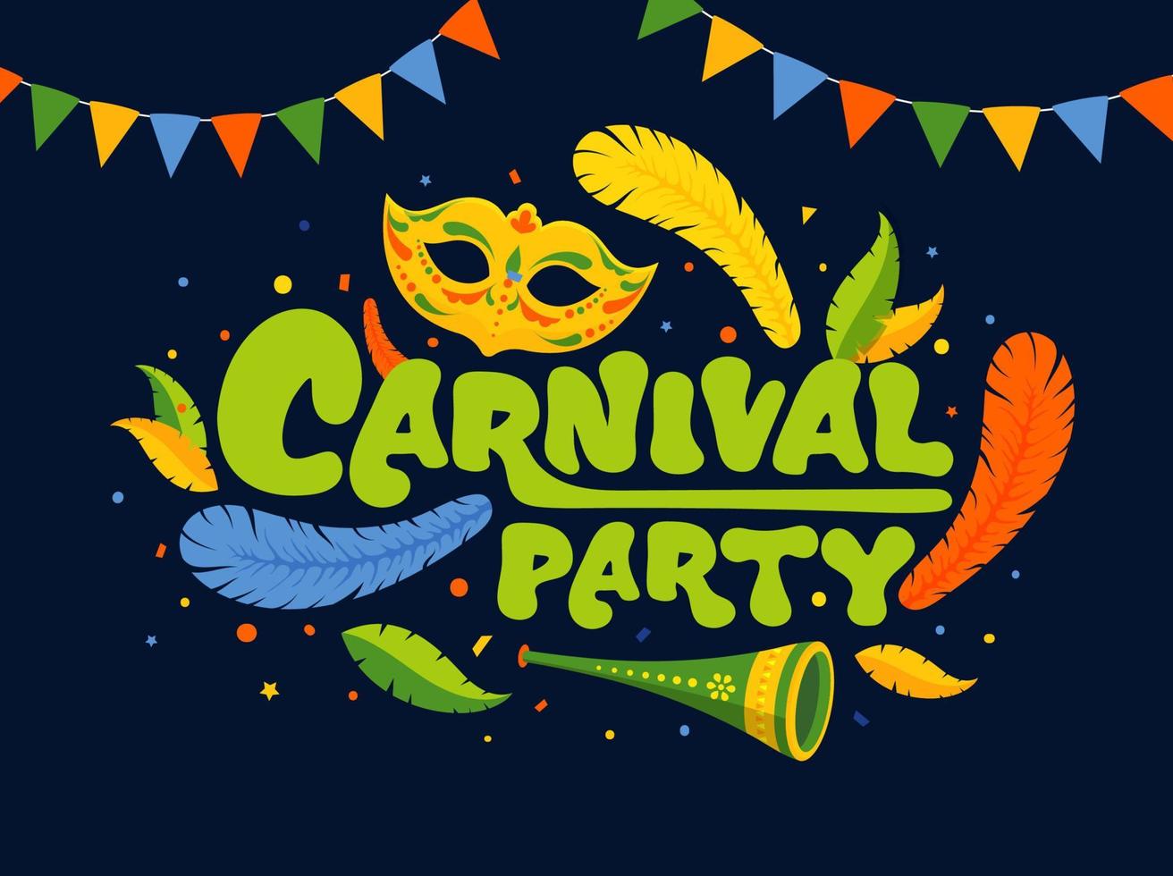 Green Carnival Party Font with Mask, Party Horn, Feathers, Confetti and Bunting Flags Decorated on Blue Background. vector