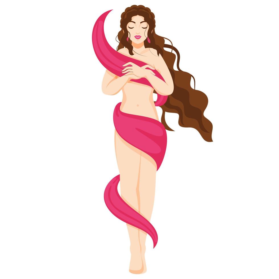 Young Girl Covered her Body from Pink Scarf on White Background. vector