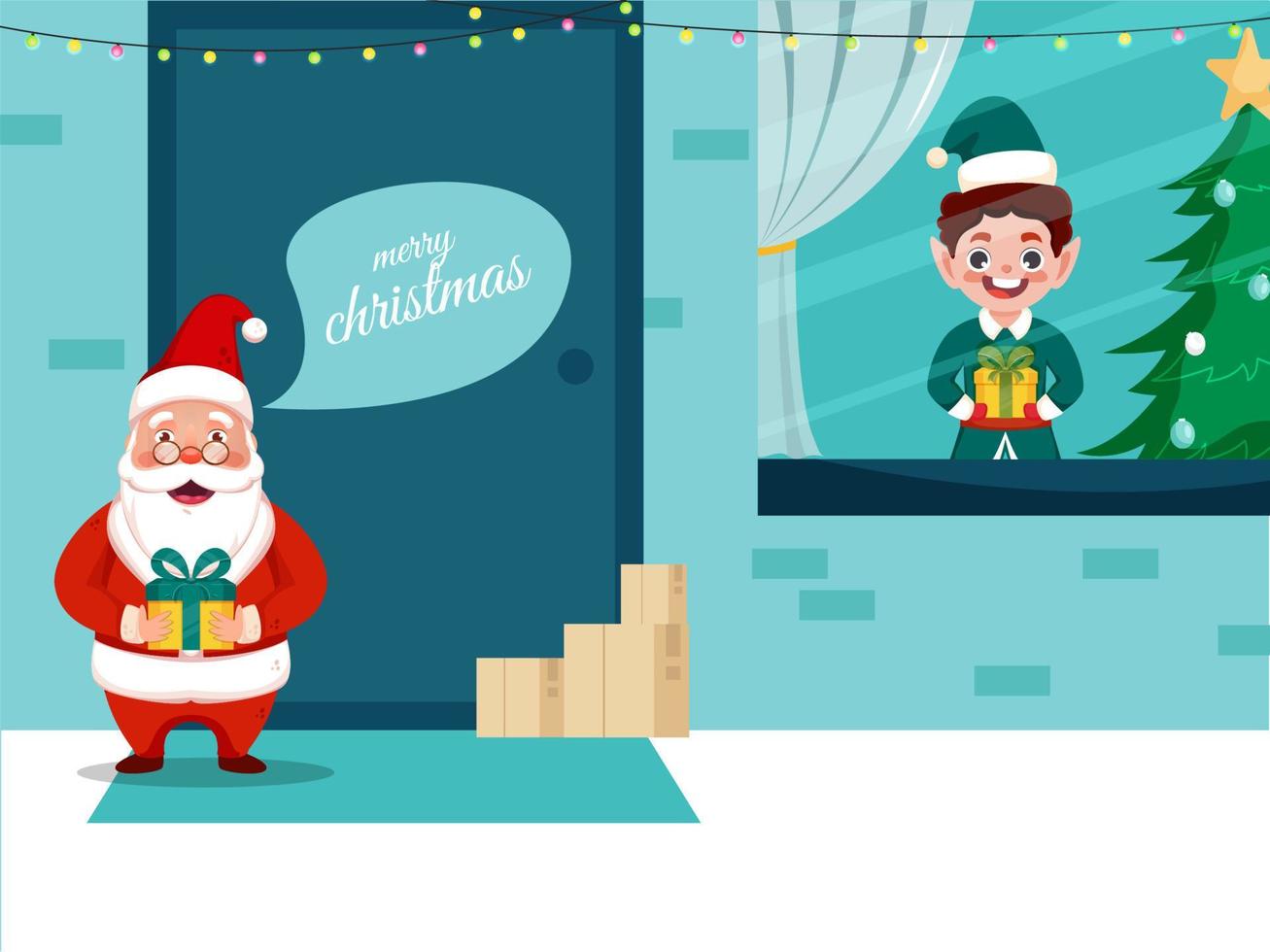 Merry Christmas Celebration Background With Cartoon Santa Claus And Boy Holding Gift Boxes Illustartion. vector