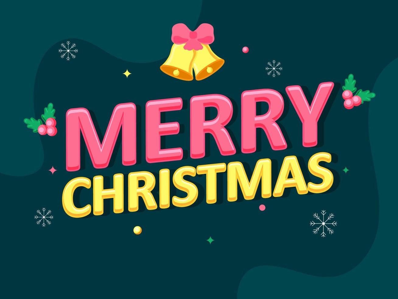 Glossy Pink and Yellow Merry Christmas Text with Holly Berries, Jingle Bells, Snowflakes on Teal Background. vector