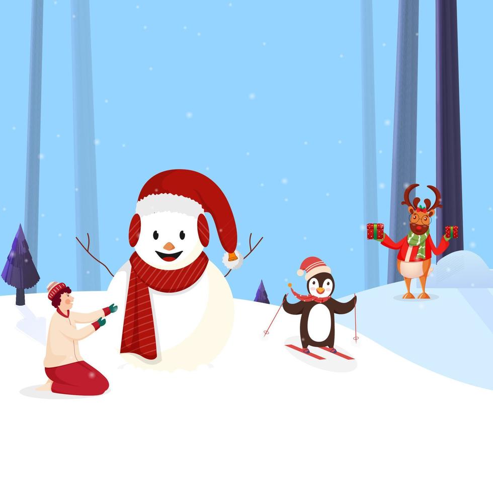 alegre monigote de nieve vistiendo Papa Noel sombrero con bufanda, dibujos animados chico, pingüino y reno en invierno paisaje antecedentes. vector