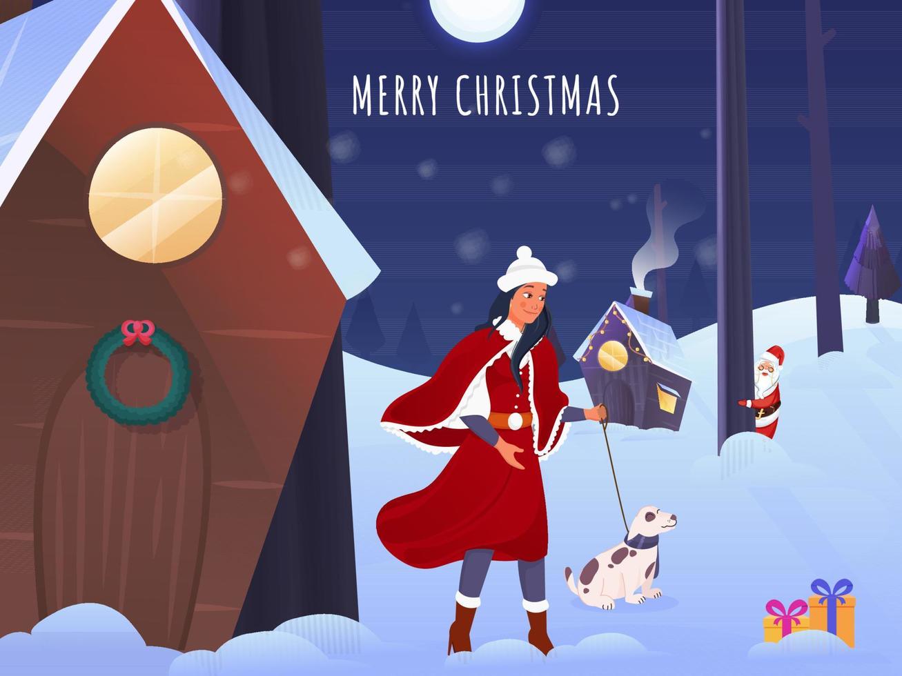 Winter Moon Night Background With Chimney House, Santa Claus And Young Girl Holding Dog Leash For Merry Christmas Celebration. vector