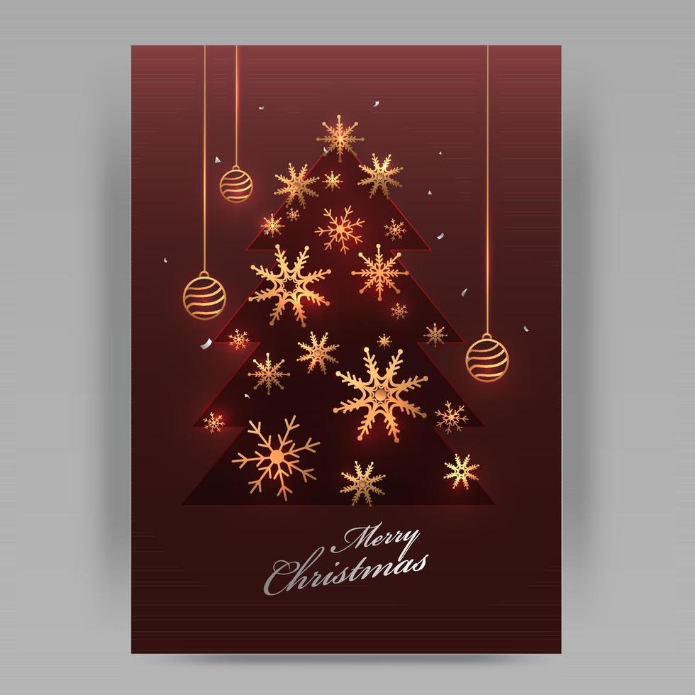 Golden Snowflakes With Hanging Baubles Decorated On Etruscan Red Paper Cut Style Xmas Tree Background For Merry Christmas. vector