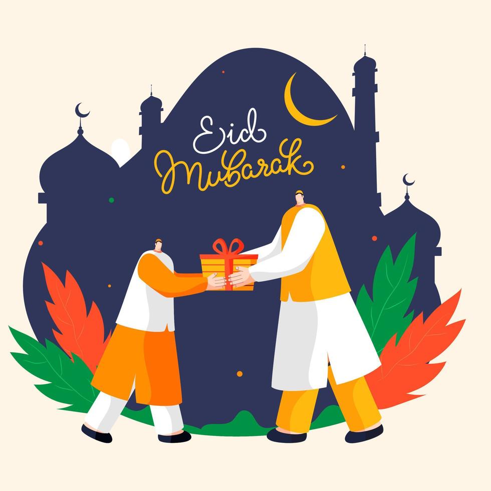 Eid Mubarak Poster Design with Muslim Man Given Gift To Boy on Abstract Mosque Background. vector