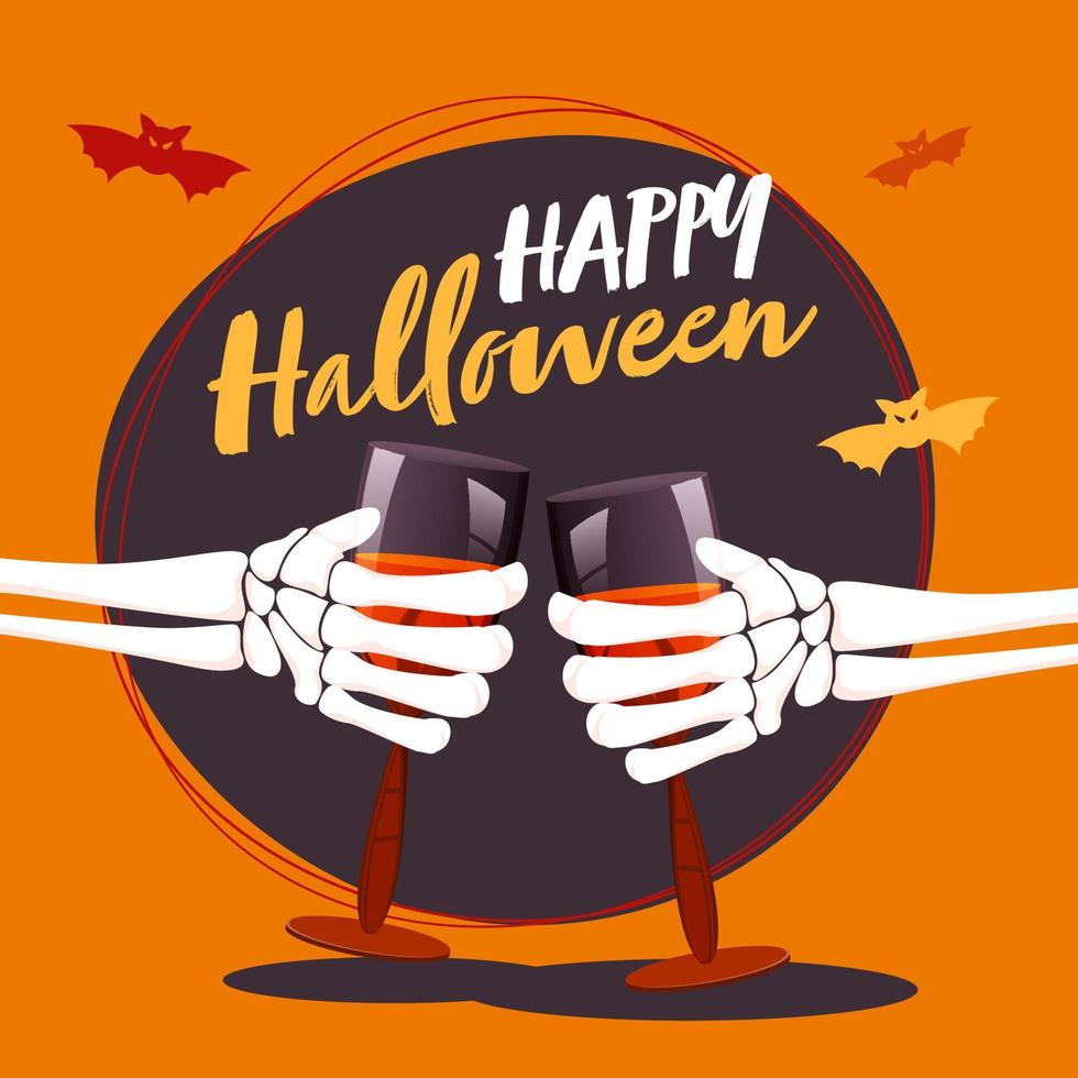 Skeleton Hands Holding Wine Glass with Bats Flying on Purple and Orange Background. vector