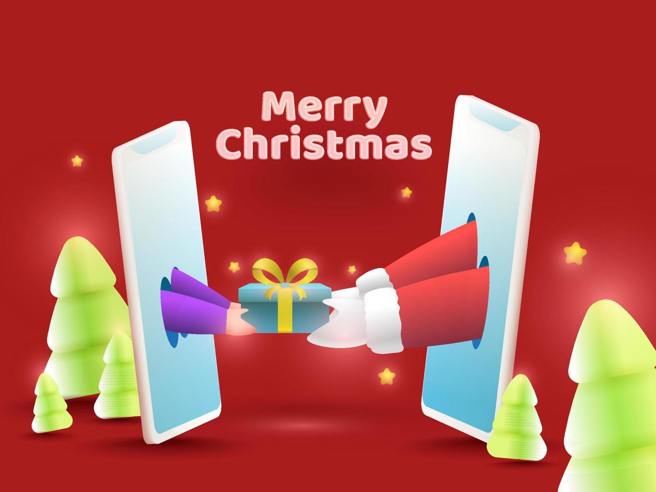 Papa Noel claus dando regalo caja a persona mediante teléfono inteligente con 3d Nevado Navidad arboles y estrellas en rojo antecedentes para alegre Navidad. vector