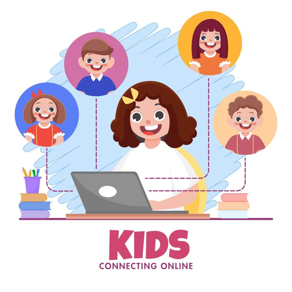 Cute Girl Having Video Calling To Classmates Friends in Laptop on Abstract Background for Kids Connecting Online. vector