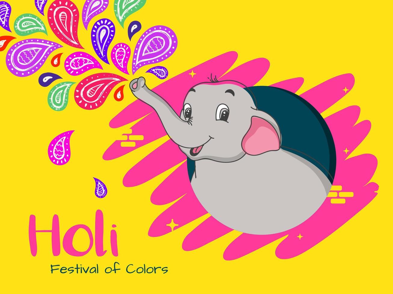 Holi Festival Of Colors Celebration with Cute Elephant Spraying Colors on Yellow Background. vector