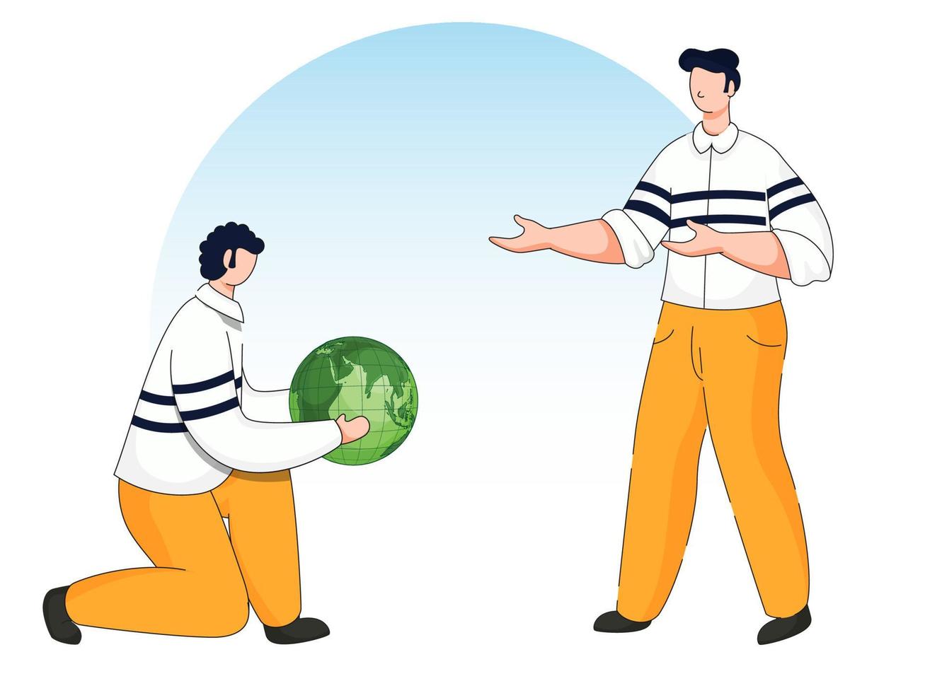 dibujos animados hombre participación verde globo con otro persona estar en azul y blanco antecedentes. vector