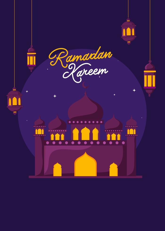 Ramadan Kareem Template Design with Mosque and Hanging Lanterns Decorated on Purple Background. vector