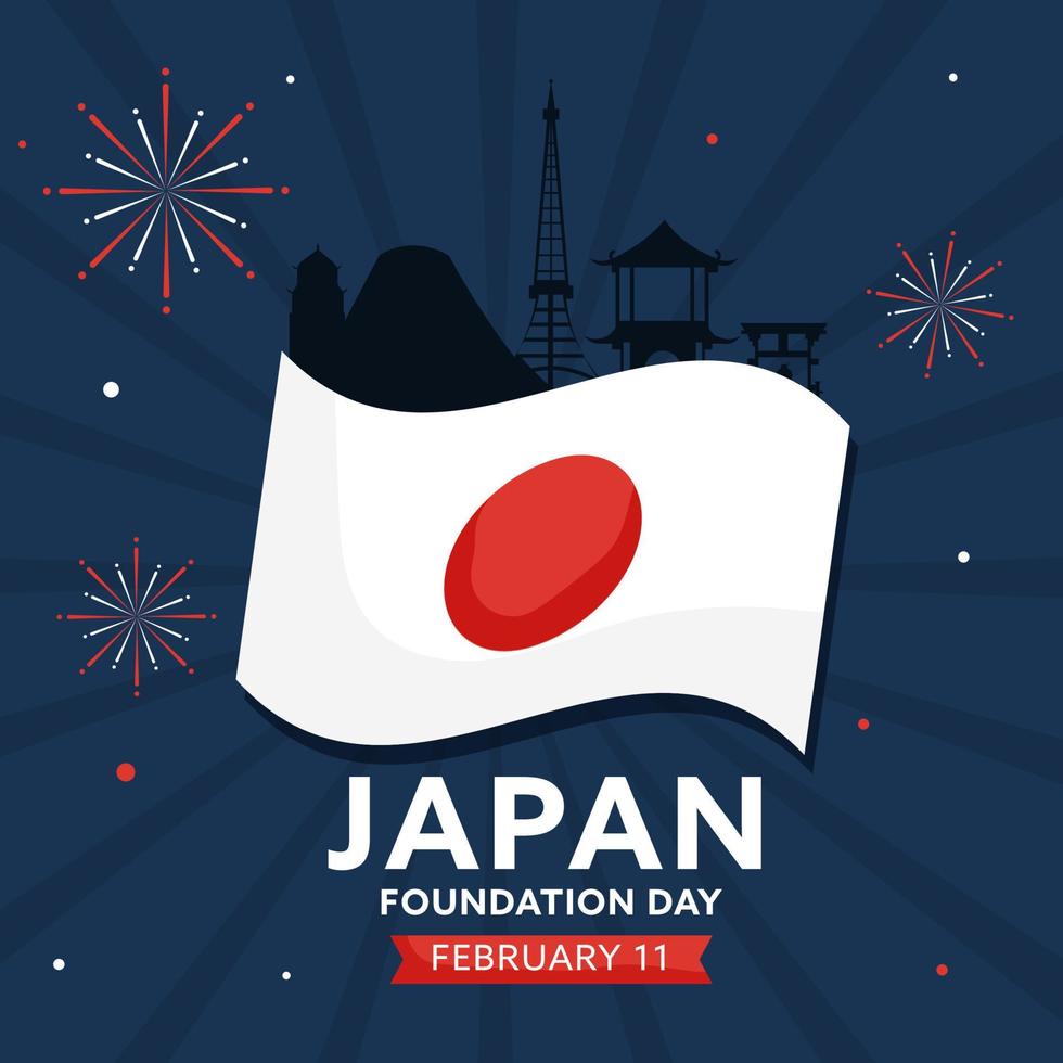 11 February, Japan Foundation Day Poster Design With National Flag, Silhouette Japanese Monuments And Fireworks On Blue Rays Background. vector