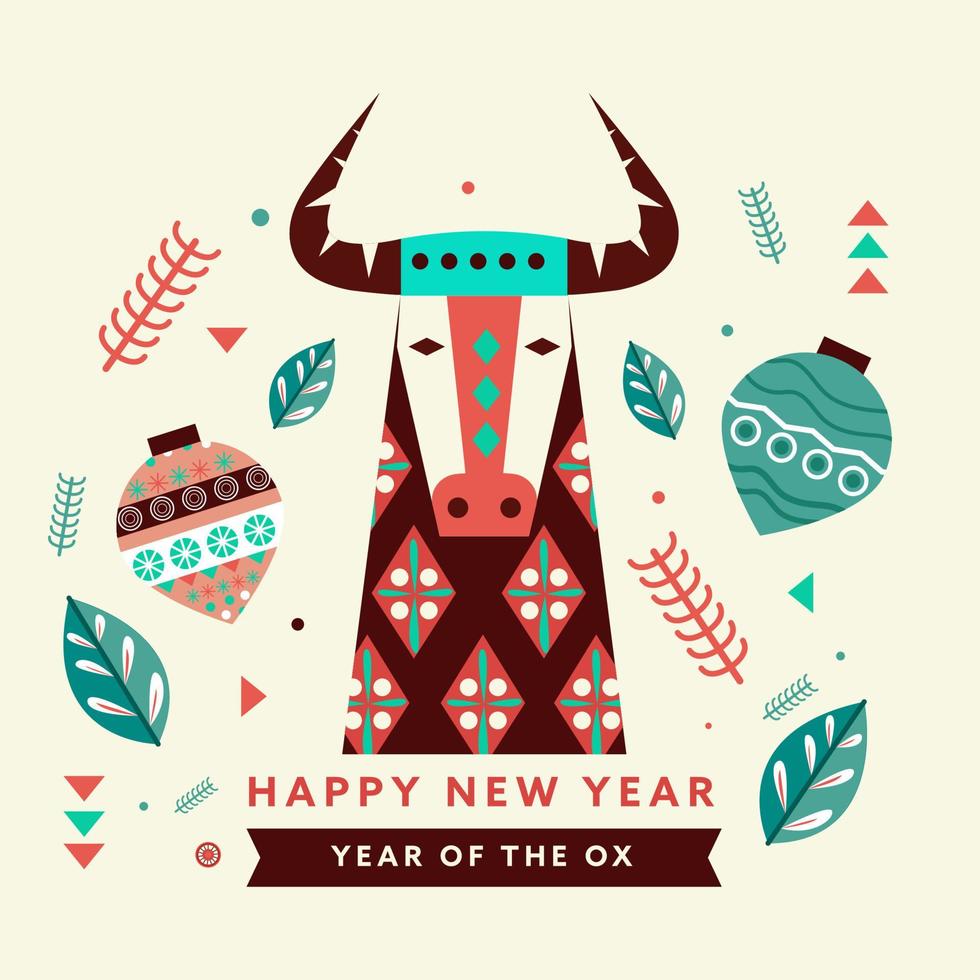 Vector Illustration Of Zodiac Ox Face Sign With Baubles And Leaves Decorated On White Background For Happy Chinese New Year.