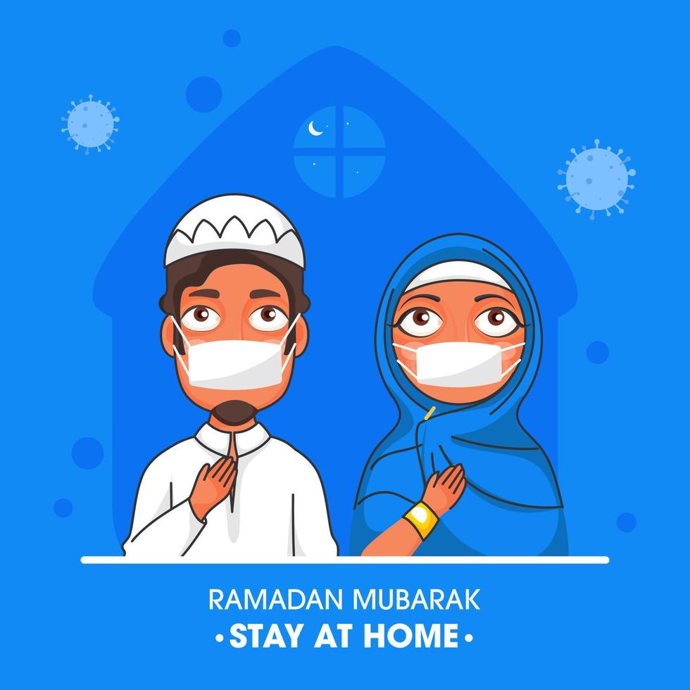 Muslim Couple wearing Mask with Given Advising Stay At Home on Ramadan Mubarak Festival. vector