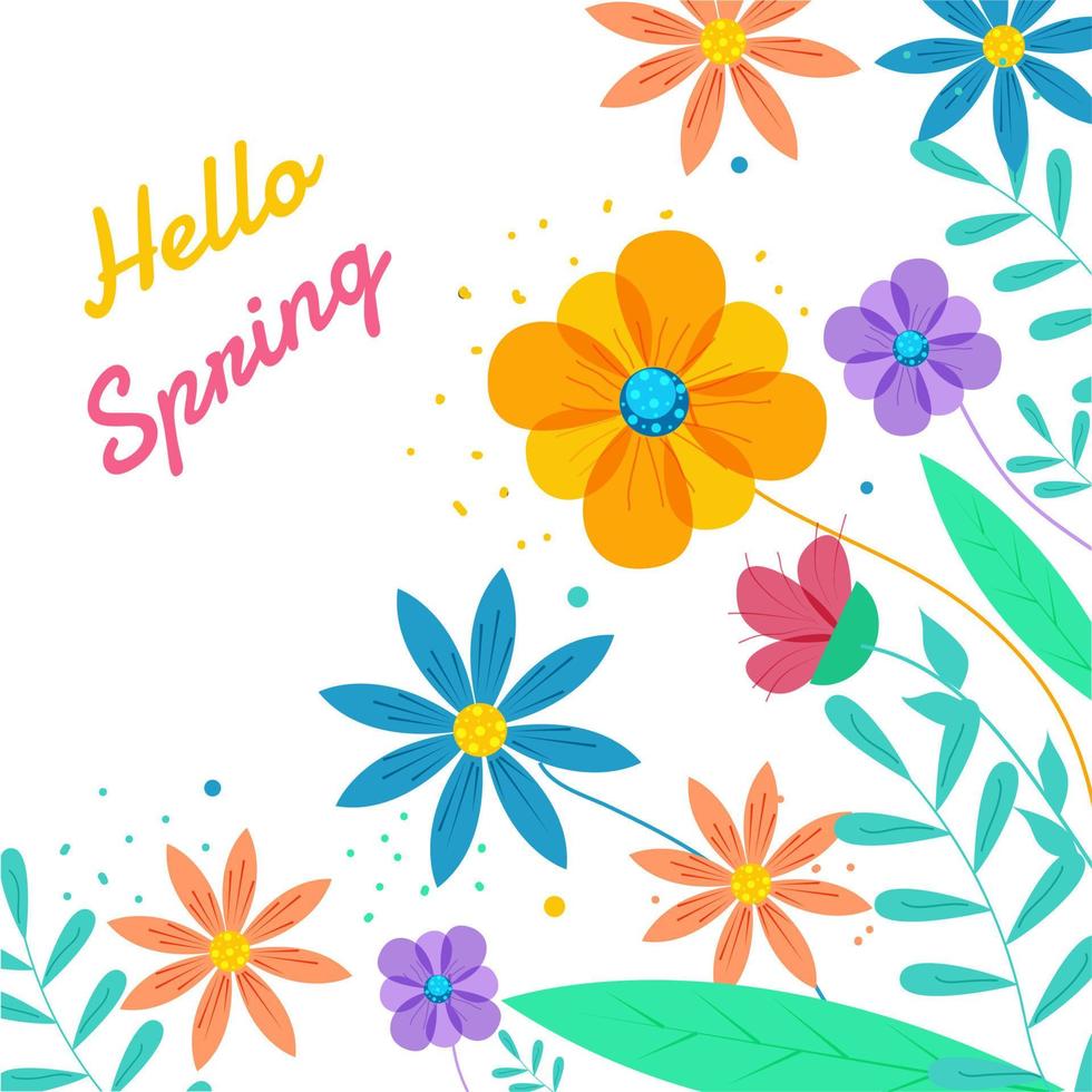 Hello Spring Font with Colorful Flowers and Leaves Decorated on White Background. vector