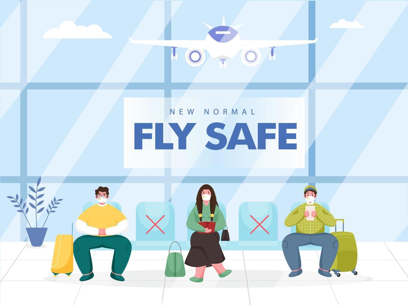 Illustration of Passenger Wear Protective Mask Sit at Seat with Maintain Social Distancing in Airport During Coronavirus. New Normal Fly Safe Concept. vector