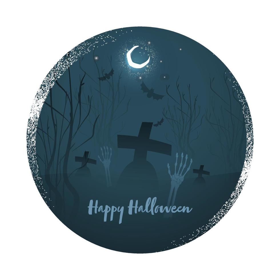 Happy Halloween Poster Design with Skeleton Hands and Crescent Moon on Dark Teal Graveyard Background. vector