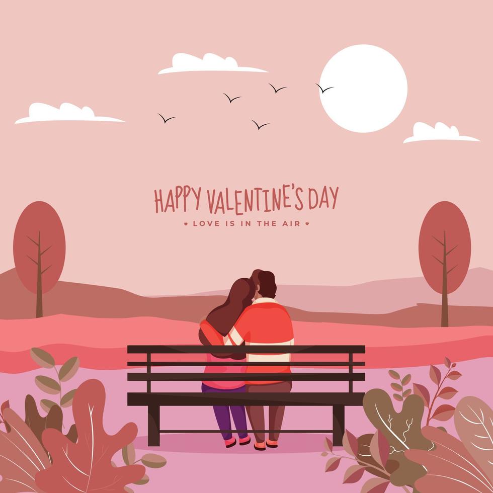 Back View of Young Lover Couple Hugging Sit on Bench with Evening Nature Scene Background. vector