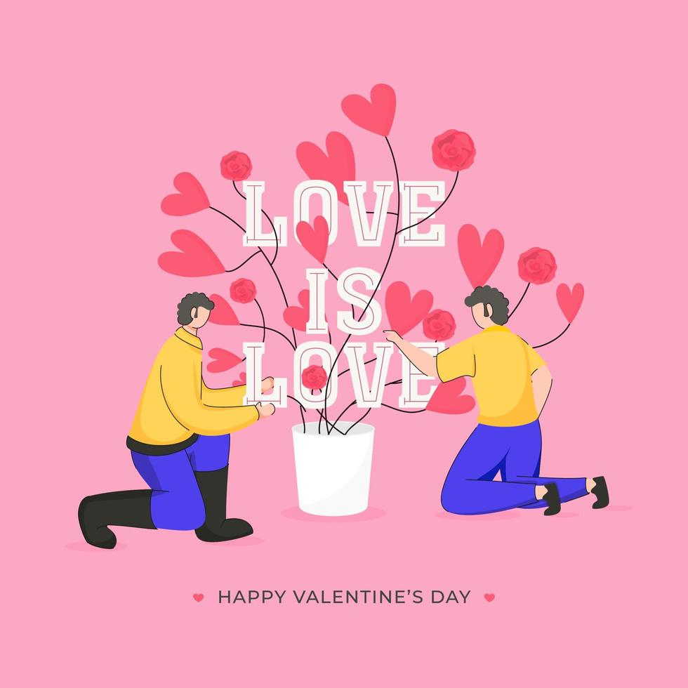 Love Is Love Text With Cartoon Men Character And Heart Flower Pot On Pink Background For Happy Valentine's Day Concept. vector