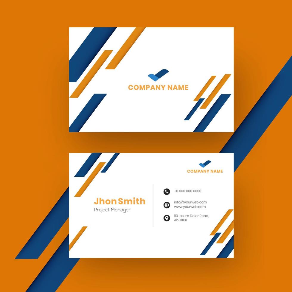 White business card design with abstract elements in front and back view on orange background. vector