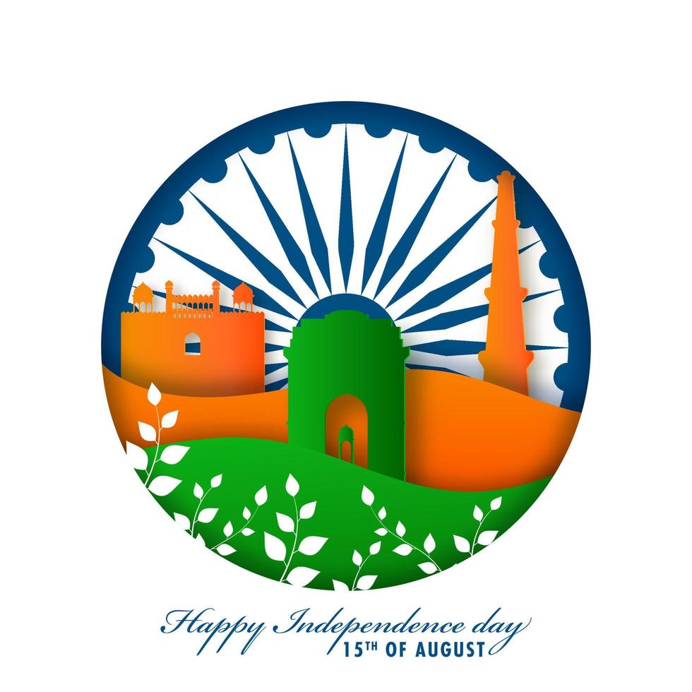 Paper Cut Ashoka Wheel Background with India Famous Monuments, Leaves and Waves For 15th August, Happy Independence Day. vector