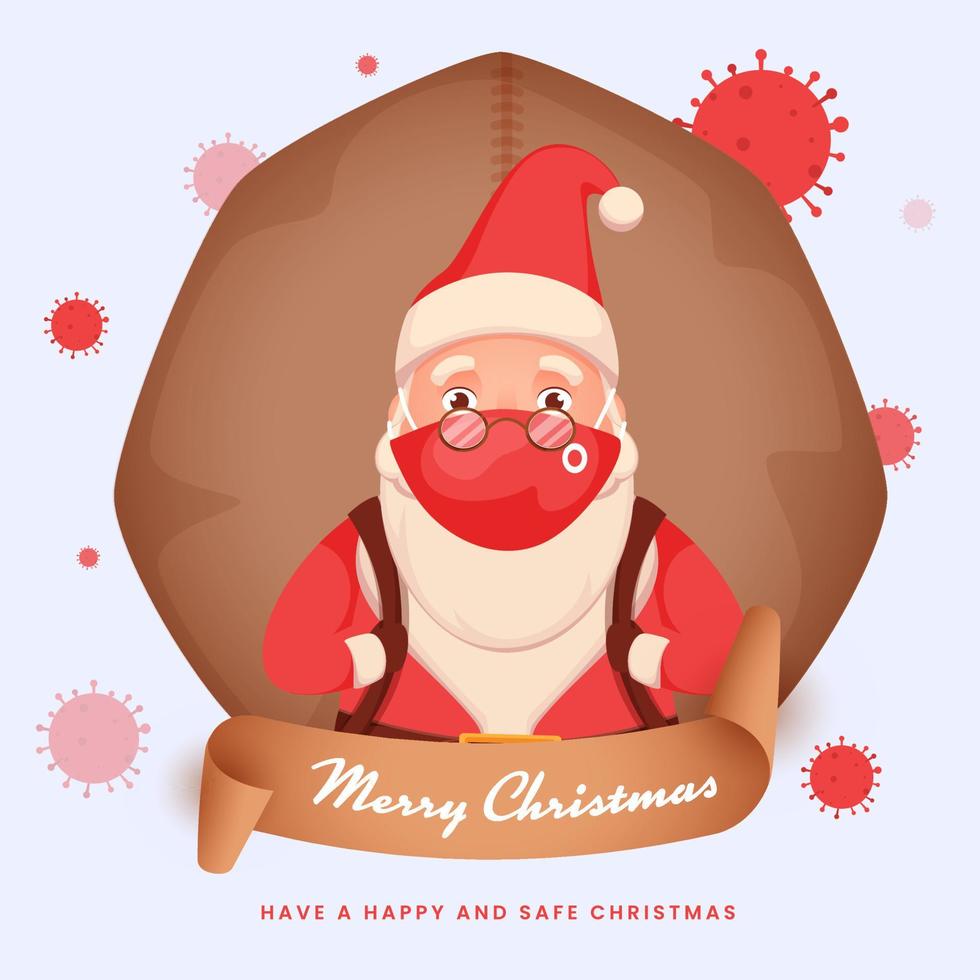 Santa Claus Wear Face Mask With Lifting A Heavy Bag During Coronavirus Pandemic For Merry Christmas. vector