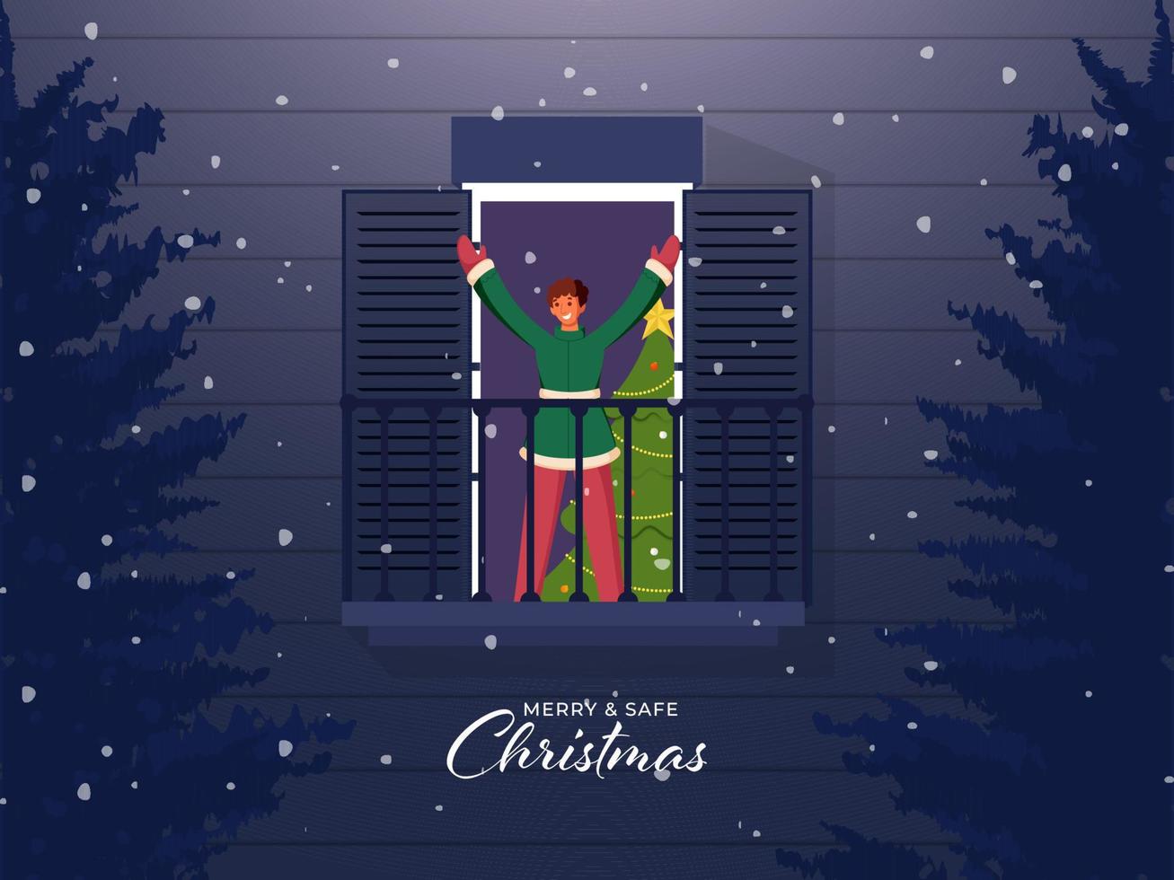 Cheerful Young Boy Standing At Balcony With Xmas Tree, Snowfall On Blue Wood Texture Background For Merry And Safe Christmas. vector