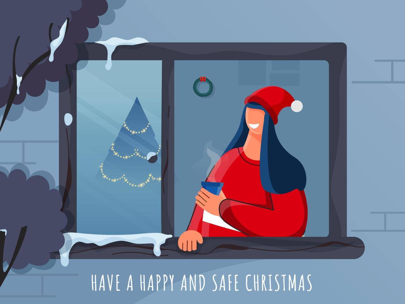 Happy Safe Christmas Celebration Poster Design With Cheerful Woman Enjoying Drinks At Window For Avoid Coronavirus. vector