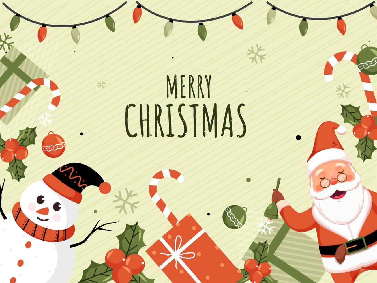 Illustration of Cheerful Santa Claus Holding Bell with Cartoon Snowman, Gift Boxes, Holly Berries, Candy Cane, Bauble and Lighting Garland Decorated Striped Background for Merry Christmas. vector