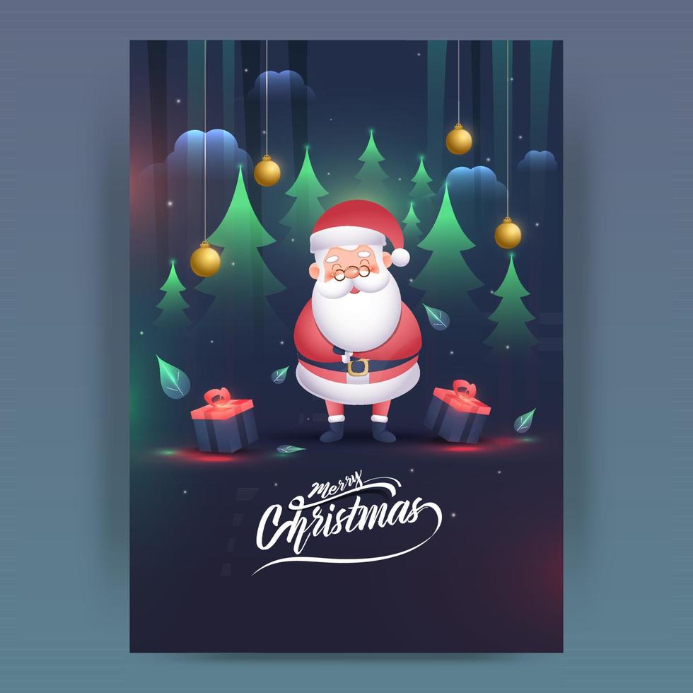 dibujos animados Papa Noel claus personaje con regalo cajas, colgando dorado adornos y Navidad arboles decorado antecedentes para alegre Navidad. vector