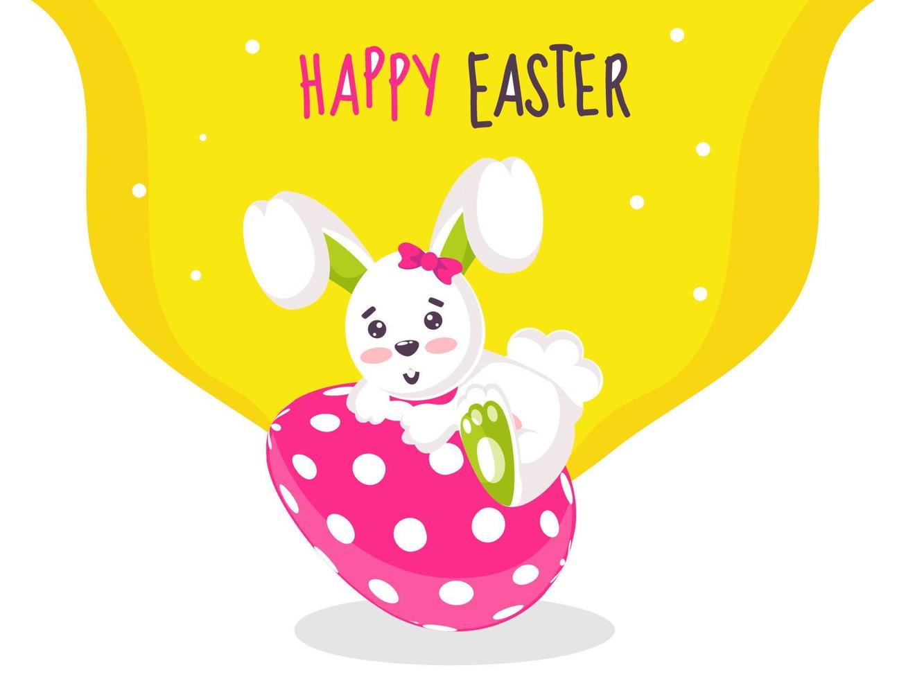 Cartoon Bunny Climbing on Pink Painted Egg and Yellow Abstract Background for Happy Easter Celebration Concept. vector