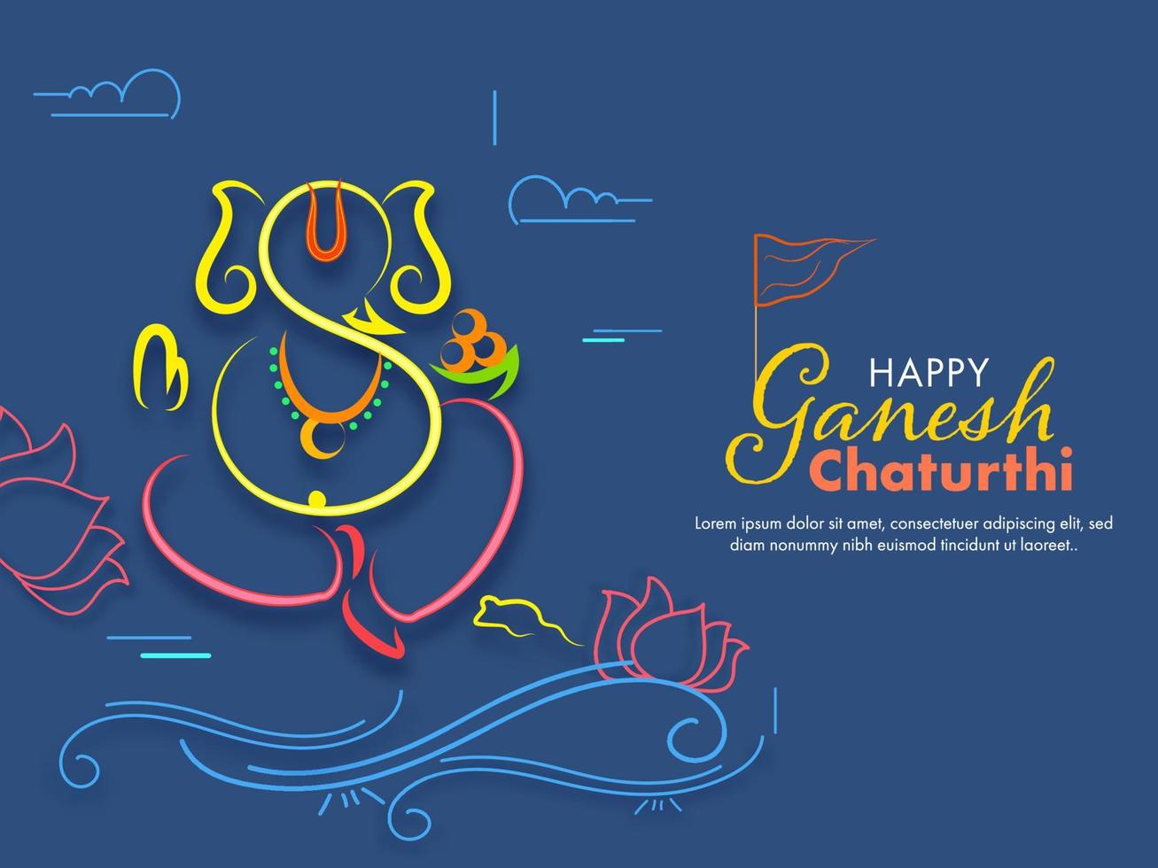 Happy Ganesh Chaturthi Font With Line Art Lord Ganesha Image, Rat, Lotus Flower And Swirl Waves On Blue Background. vector