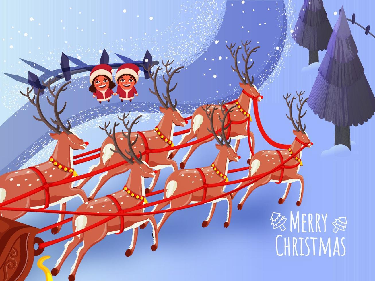 Merry Christmas Celebration Background with Winter Landscape View, Cheerful Kids and Reindeer Sleigh. vector