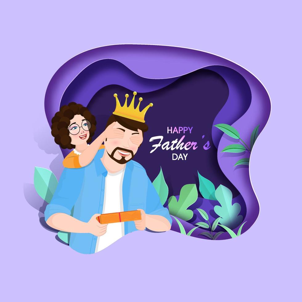 Illustration of Girl Closing Her Father Eyes with Gift Box and Green Leaves Decorated on Purple Paper Layer Cut Background for Happy Father's Day Concept. vector