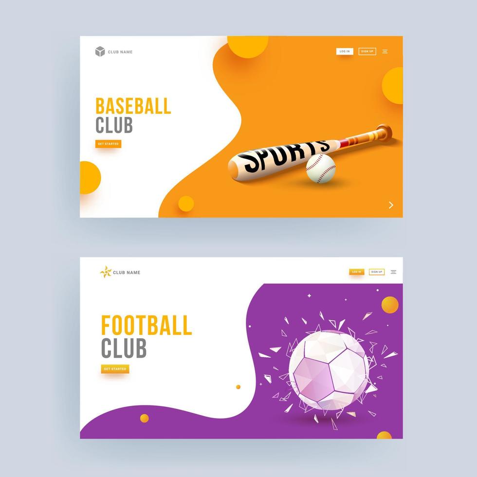 Baseball and Football Club Landing Page Design in Two Color Option. vector