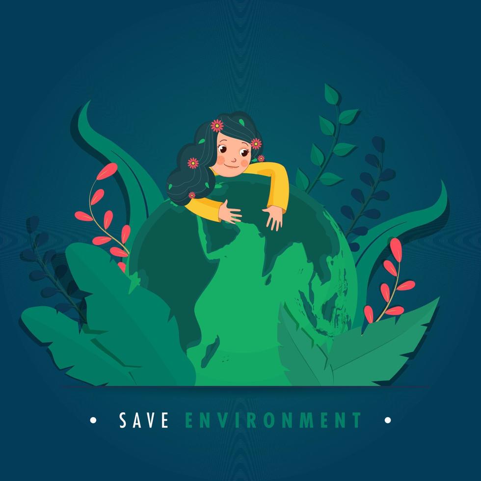 Illustration of Cute Girl Hugging Earth Globe with Paper Cut Leaves on Blue Background for Save Environment Concept. vector