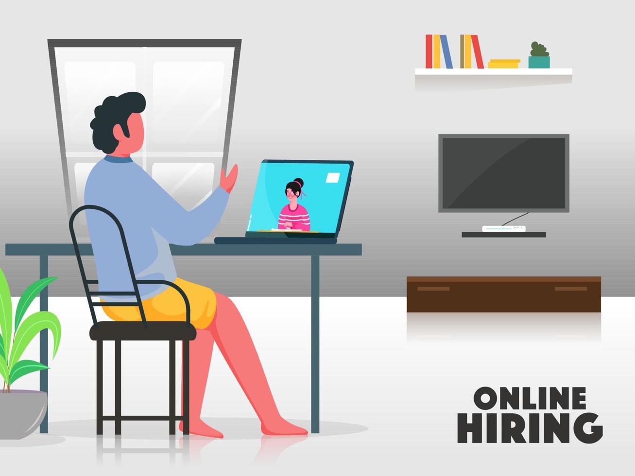 Cartoon Man Interviewing A Job Candidate From Laptop For Online Hiring Concept. vector