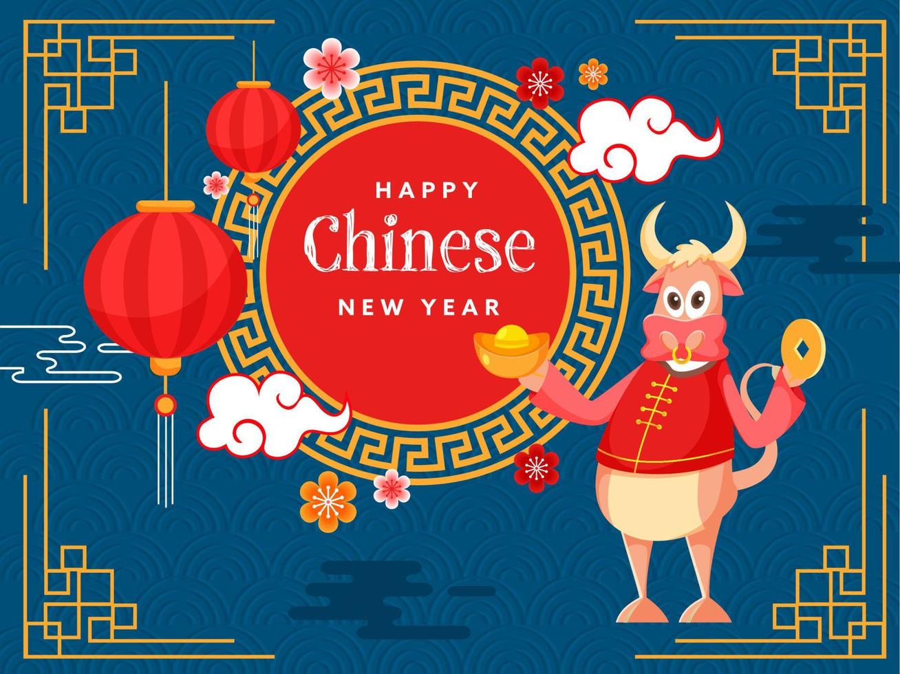 Illustration of Cartoon Ox Holding Ingot with China Emperor's Coin, Flowers, Clouds and Hanging Lanterns Decorated on Blue Semi Circle Pattern Background for Happy Chinese New Year. vector