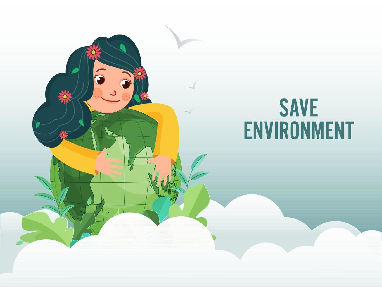 Save Environment Concept with Cartoon Girl Hugging Earth Globe and Leaves on Paper Cut Clouds Background. vector