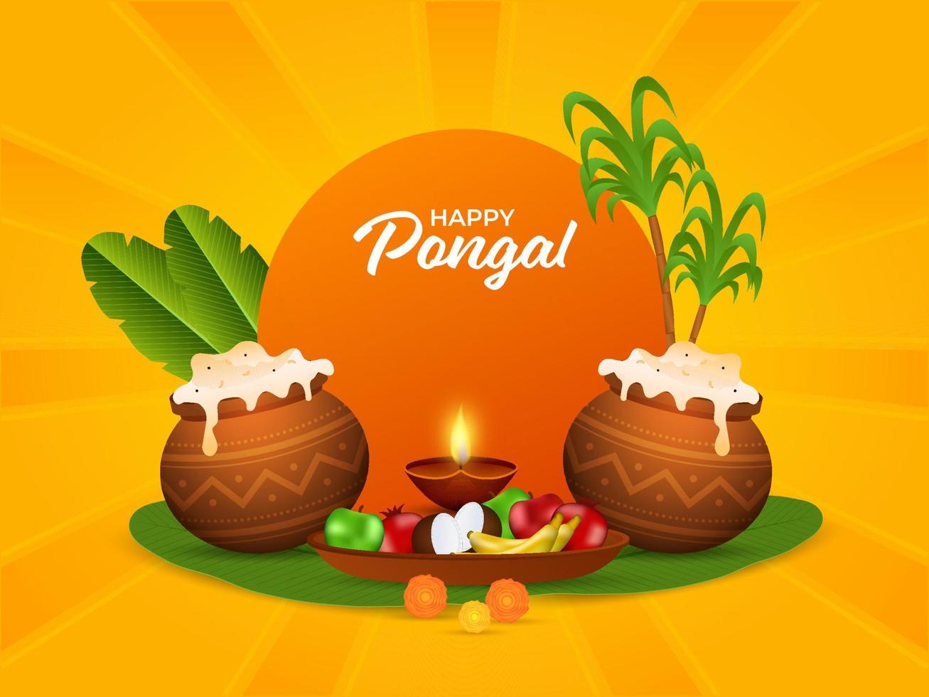 amarillo Dom rayos antecedentes con pongali arroz en barro ollas, frutas, iluminado petróleo lámpara, plátano hojas y Caña de azúcar para pongal celebracion. vector