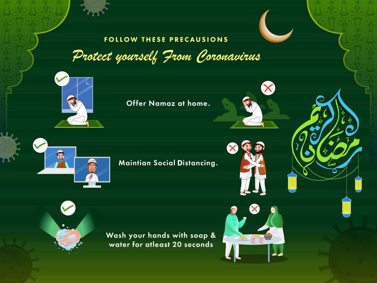 Be Safe From Coronavirus in Islamic Festival Offer Namaz At Home, Maintaining Social Distance, Washing Your Hands For At Least 20 Seconds. vector